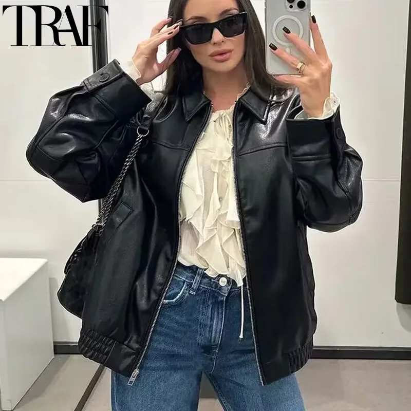 TRAF Women's Jackets Cropped Faux Leather Jacket Women Autumn Long Sleeve Black Bomber Jackets Fashion Demi-Season Jacket