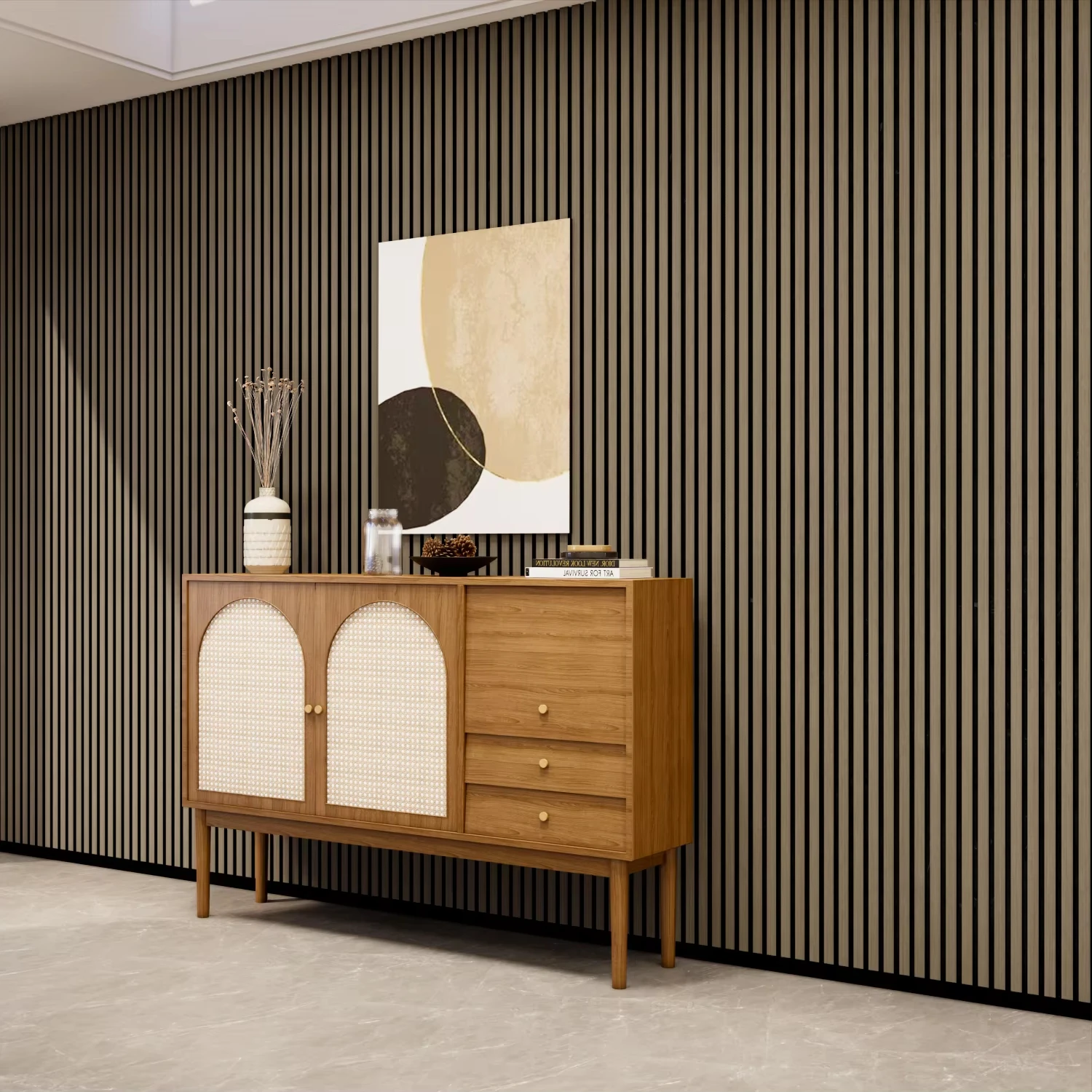 Oak Slat Wall Panel Interior Acoustic Timber Look  Wood Panels With Graphic Design Solution