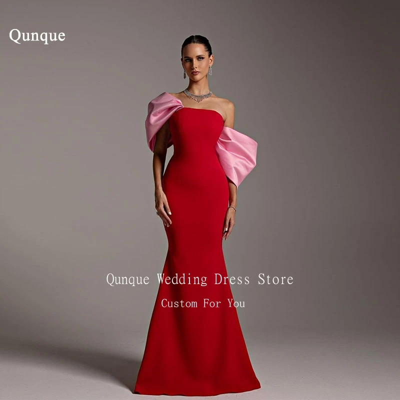 

Qunque Dubai Customized Mermaid Evening Dresses Sexy Red Pink Strapless Satin Short Puff Sleeves Prom Gowns Formal Party Dress