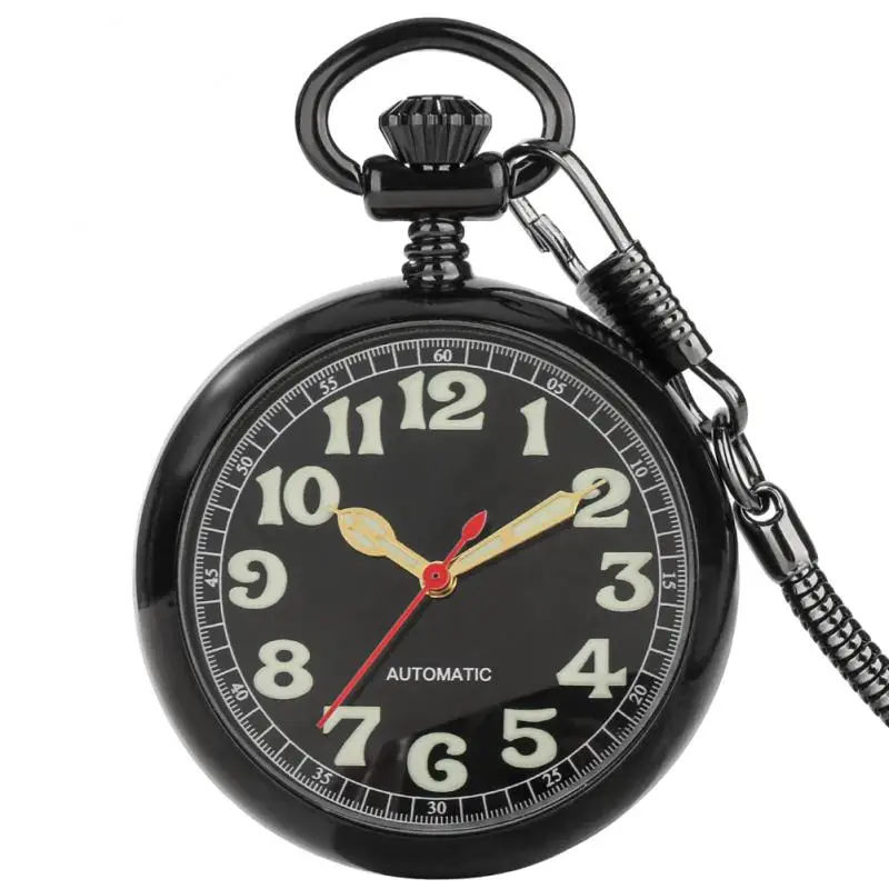 Black Snake Chain Smooth Open Faced Automatic Watch for Men Self-Wind Watch Arabic Numbers Mechanical Pocket Watch FOB Clock