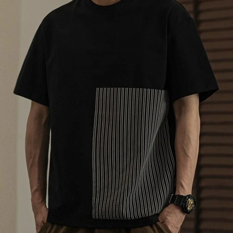 

LIBIELIY Fashion O-Neck All-match Spliced Striped T-Shirts Men's Clothing 2025 Summer New Loose Casual Tops Short Sleeve Punk Te