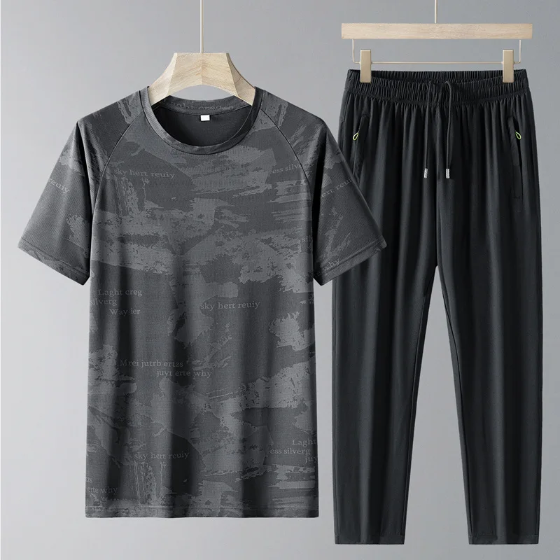 Mens Summer Camo 2 Piece Set Cool  Breathable Short Sleeve  Long Pants  Sports Casual Versatile Style