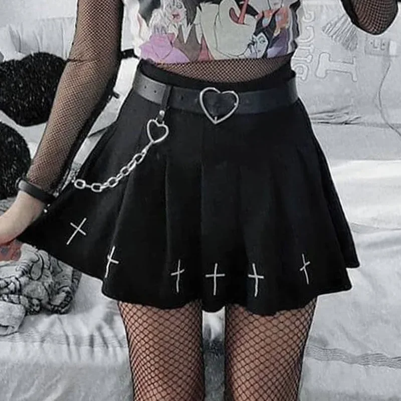 Women High Waist Gothic Punk Mini Skirts Ladies Cross Pattern Mini Pleated Skirt Dark Style Club Party Streetwear Cosplay