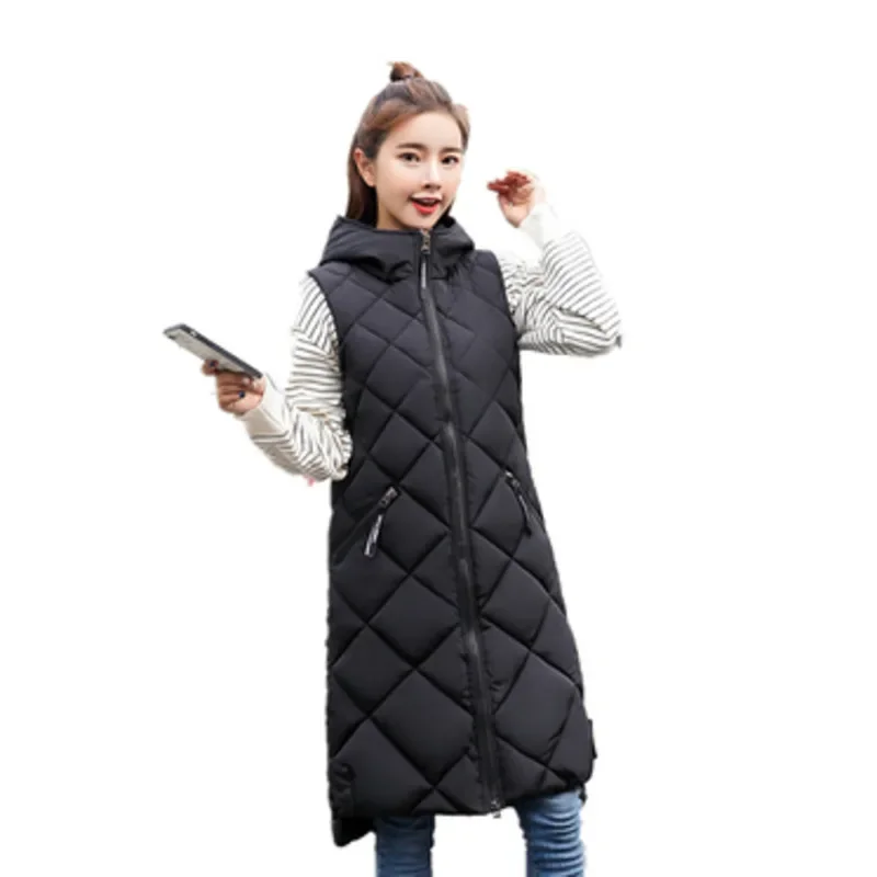 Women\'s Sleeveless Vest Long Down Jacket Solid Korea Hooded Padded Vests Loose Females 2022 Ladies Fashion Casual Winter Coat