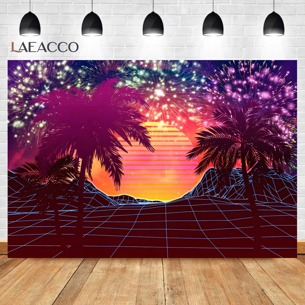 Torpical Coconut Tree Sunset Photographic Backdrop Colorful Fireworks Science Fiction Style Background Children Room Decoration