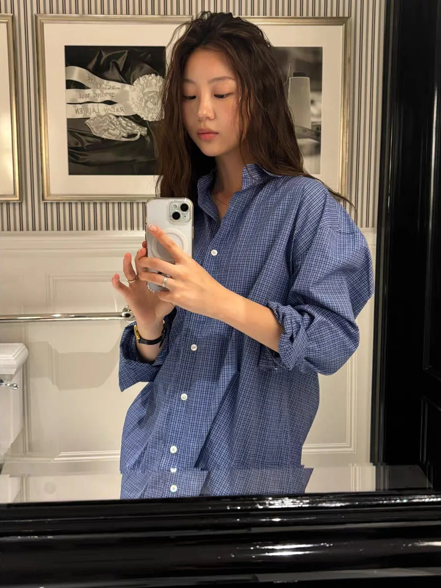 

Loose Blue Plaid Women's Shirt Korean Style Breathable Cotton Long Sleeve Girl's Fashion Autumn New Arrival Dongdaemun