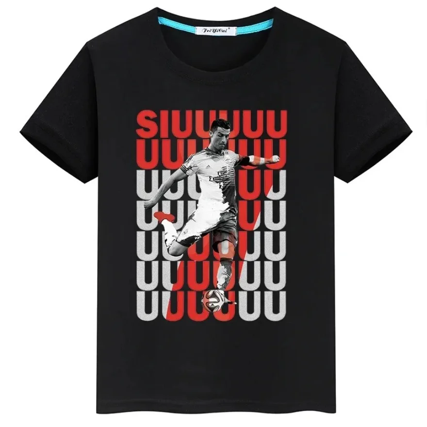  Ronaldo Football Star Printed Children's Clothing Kids Summer Short-sleeved Boys Girls Black Cotton T-shirt Sportswear Tops