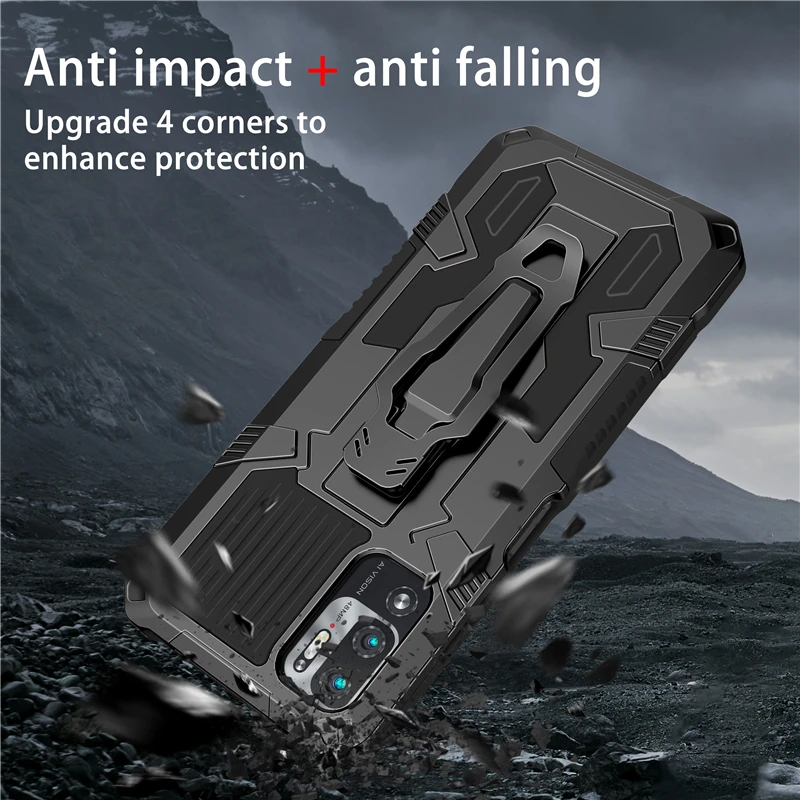 Armor Shockproof Case For Xiaomi Redmi Note 10 5G 11S POCO F3 M3 X3 Pro Metal Belt Clip Soft TPU Hard PC Stand Holder Back Cover