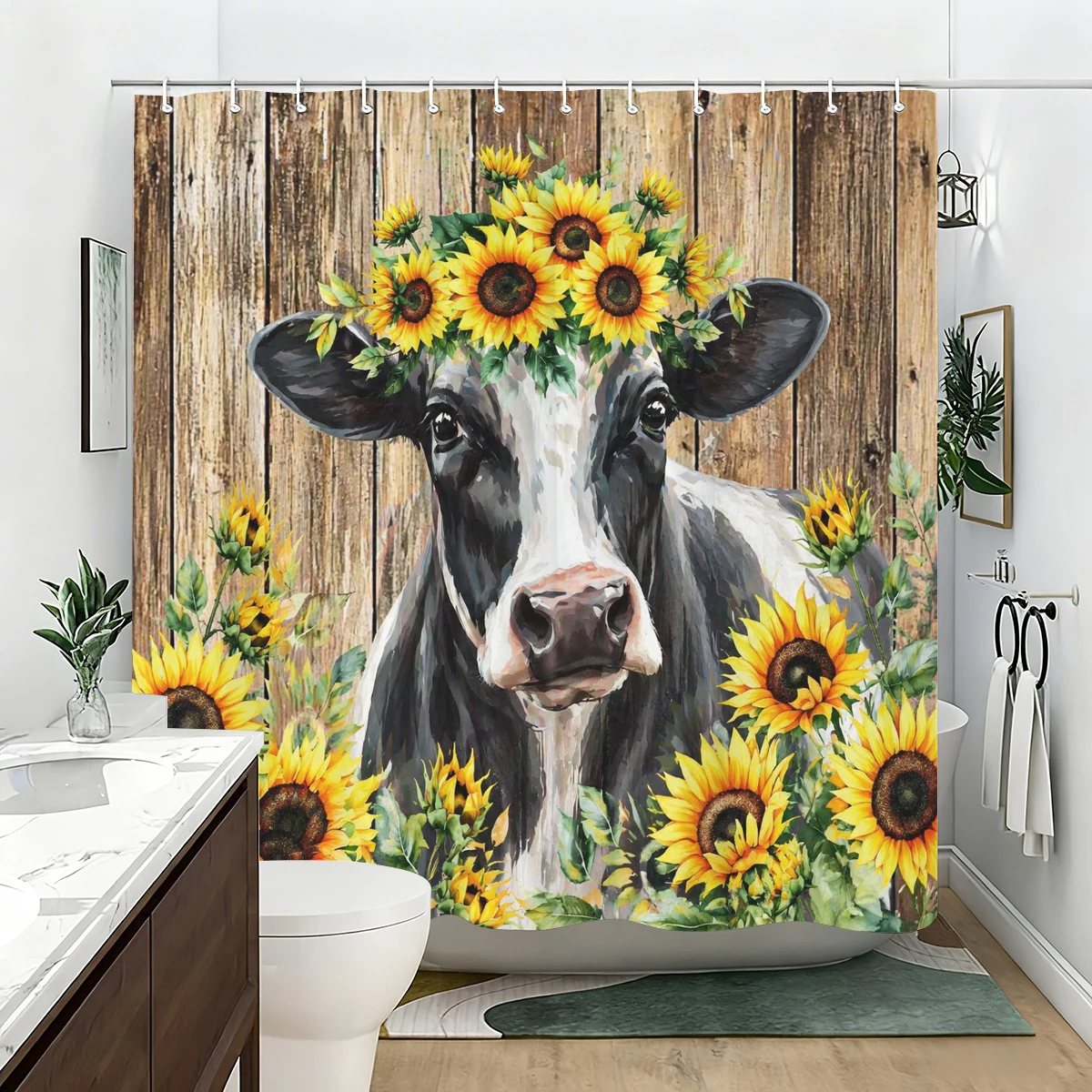 Vibrant Floral & Animal Printed Polyester Bathtub Curtain - Charming Bathroom Decorative Curtain, Country Style Shower Curtain