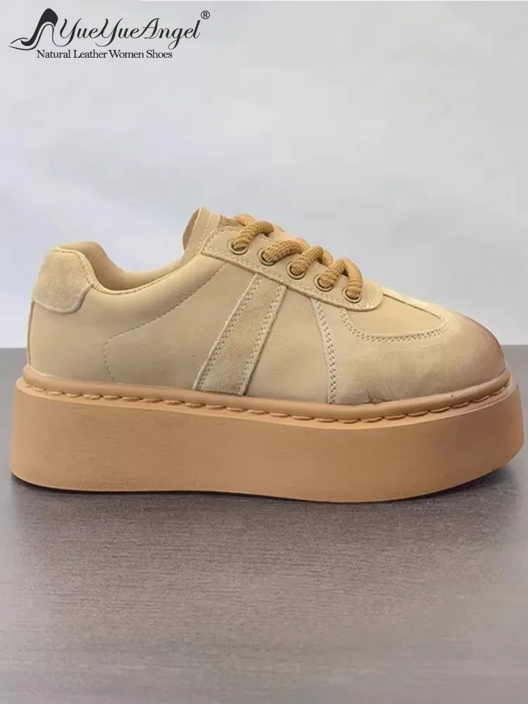

New Women Comfortable Flat Thick Platform Pumps Lace Up Height Increasing Harajuku Female Fashion Genuine Leather Casual Shoes