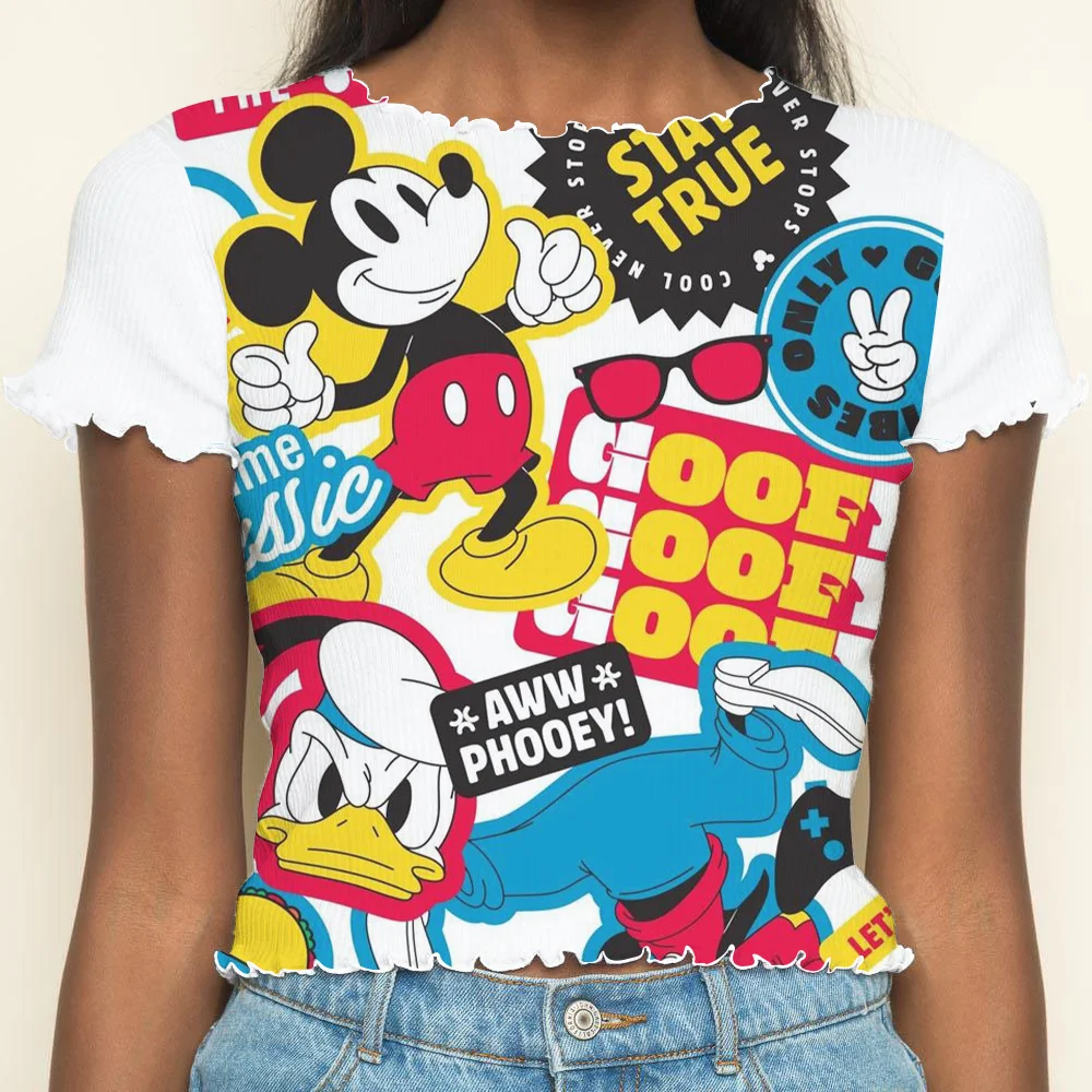 T-shirts Crew Neck Lettuce Trim Disney Crop Tops Sexys Summer Clothes Women 2024 Top T-shirt Short Sleeve Mickey Woman Clothing