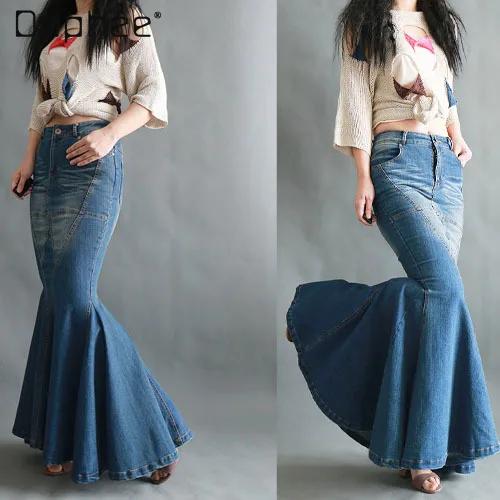 Rok Maxi Denim putri duyung mode rok panjang Swing besar Vintage pinggul ketat ekor ikan rok ketat seksi elegan