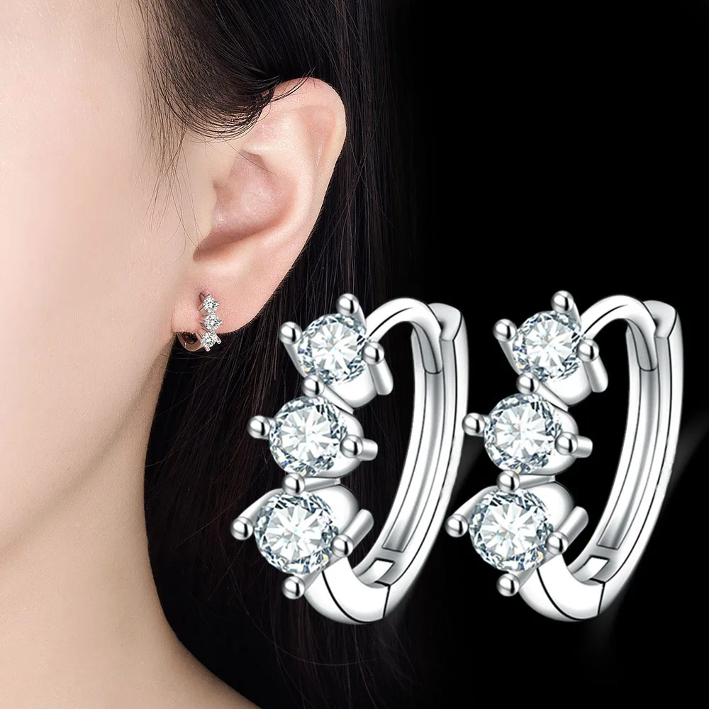 

Three Stone Moissanite Earring Original 925 Sterling Silver Hoops Earring For Women Girls Lab Created Diamond Jewelry Huggies