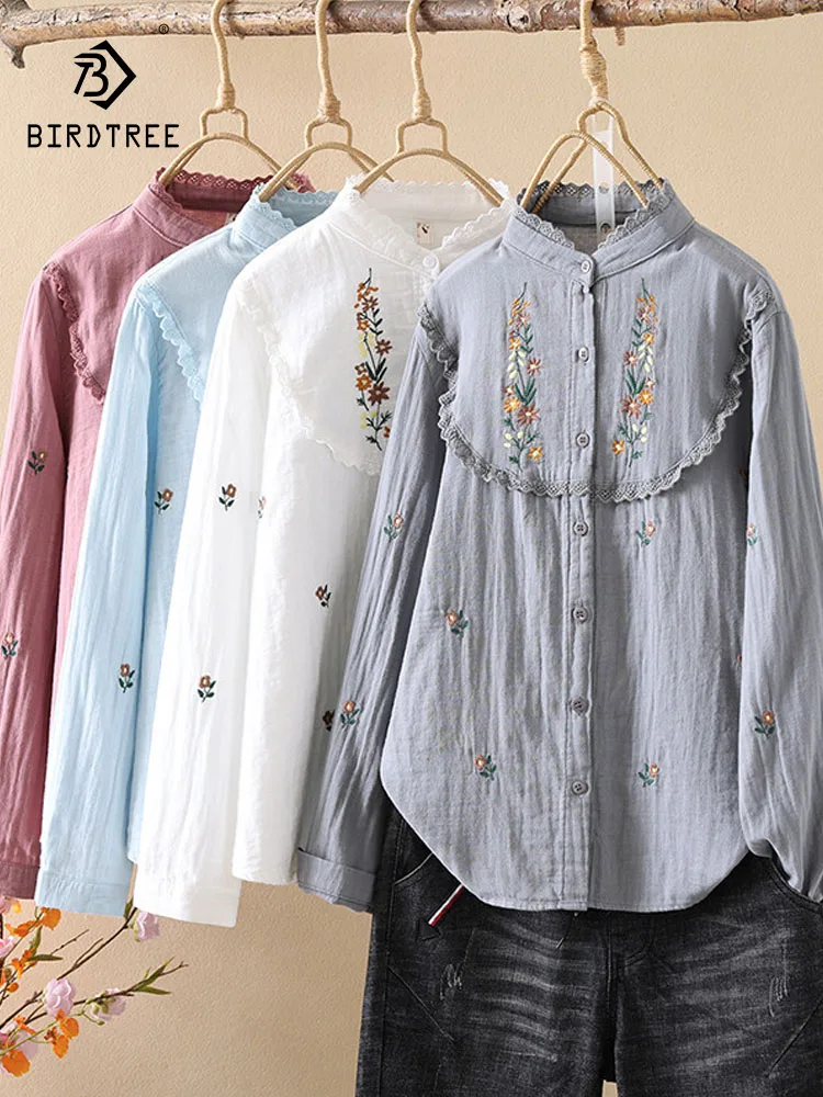 

New 2026 Spring Women Cotton Yarn Long Sleeve Shirt, Stand Ruffles Embroidery, Mori Girl Versatile Soft Loose Blouse T62958CC