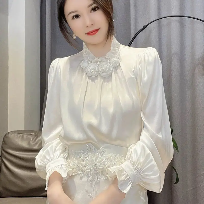 Elegant Ruffles Folds Beading Lantern Sleeve Blouse Female Clothing 2023 Spring Autumn New Casual Tops Office Lady Shirt