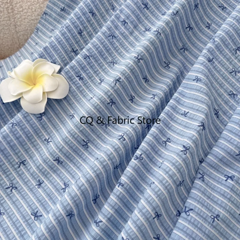 

Blue Stripe Bow Print Poly Cotton Fabric Ins Style DIY Craft Hair Accessories Doll Dress Kids Clothing Material