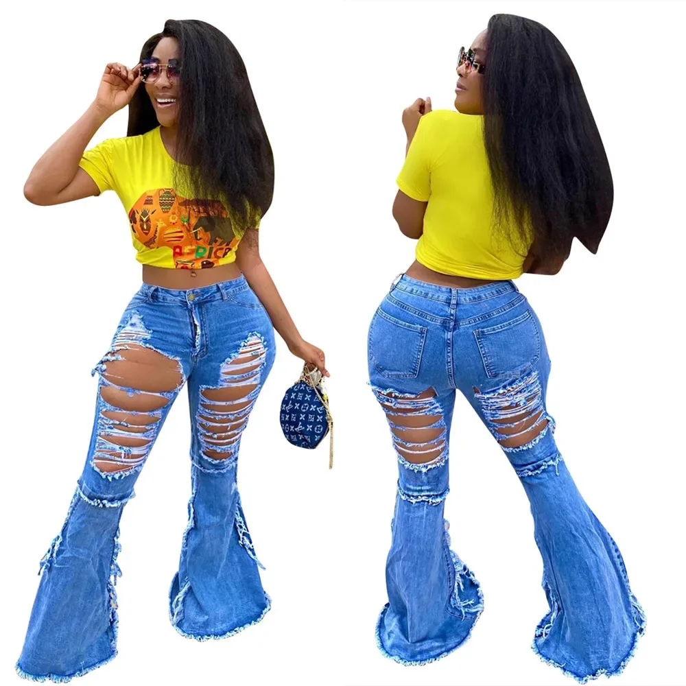 

Women Clothing 4XL Sexy Front Back Hole Ripped Bell Bottom Woman Jeans Wide Leg Flare Denim Pants