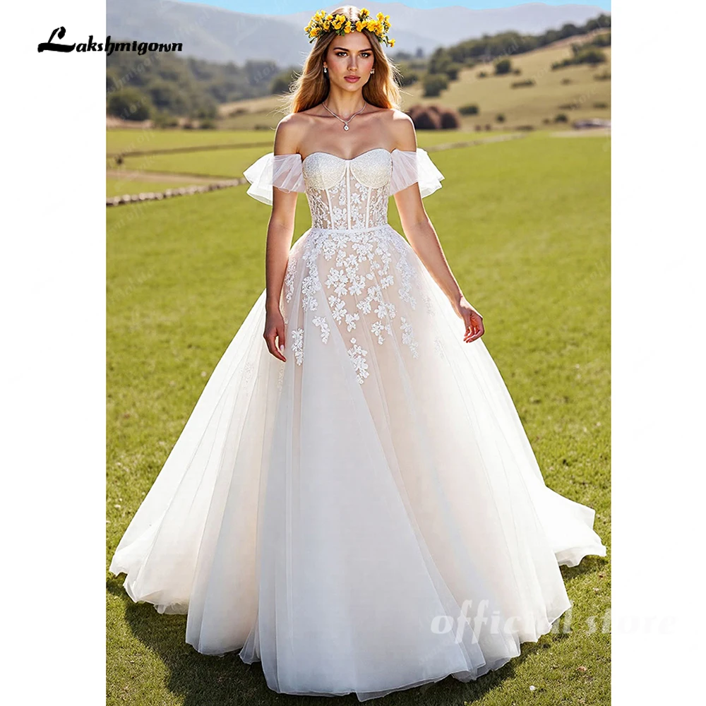 Lakshmigown قبالة الكتف ألف خط زين العاج مشد فستان الزفاف يزين الدانتيل مخصص فساتين الزفاف البلد