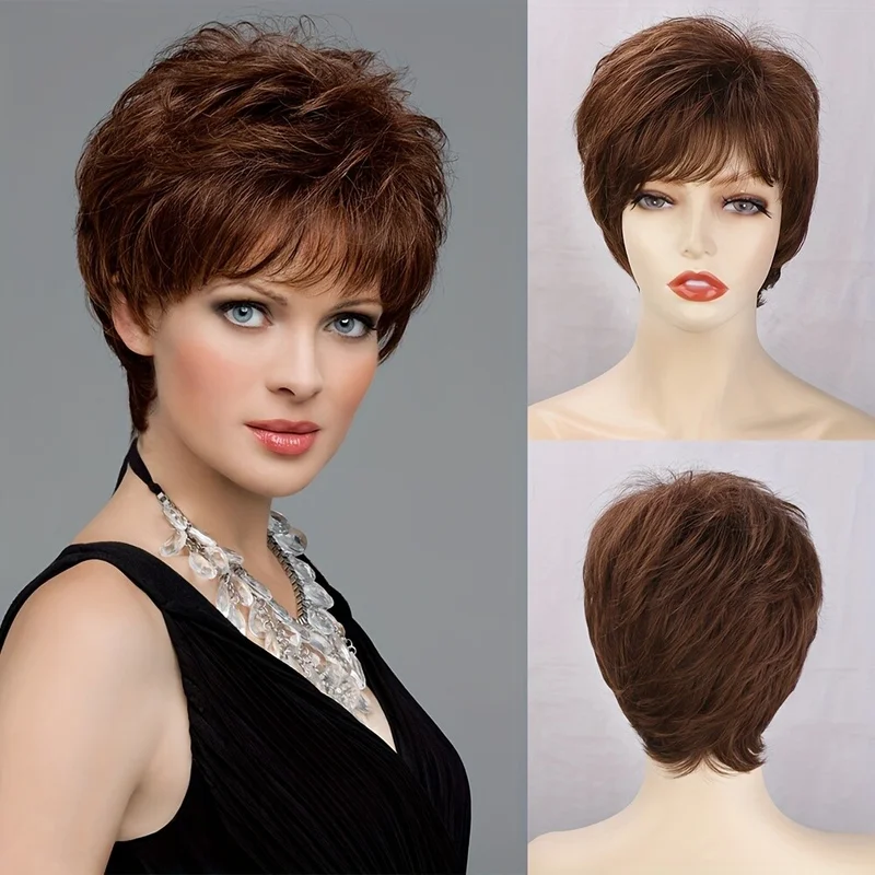 

Dark Brown Pixie Cut Short 4 Inch Layered Natural Fluffy Hair Wigs