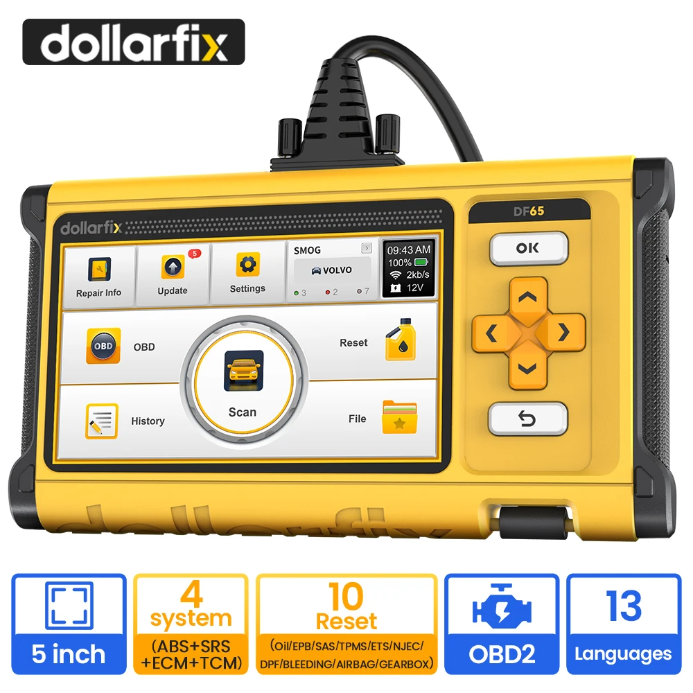 DollarFix DF65 OBD2 Automotive scanner diagnostic tool 4 system ABS SRS TCM Engine 10 reset car code reader lifetime free update