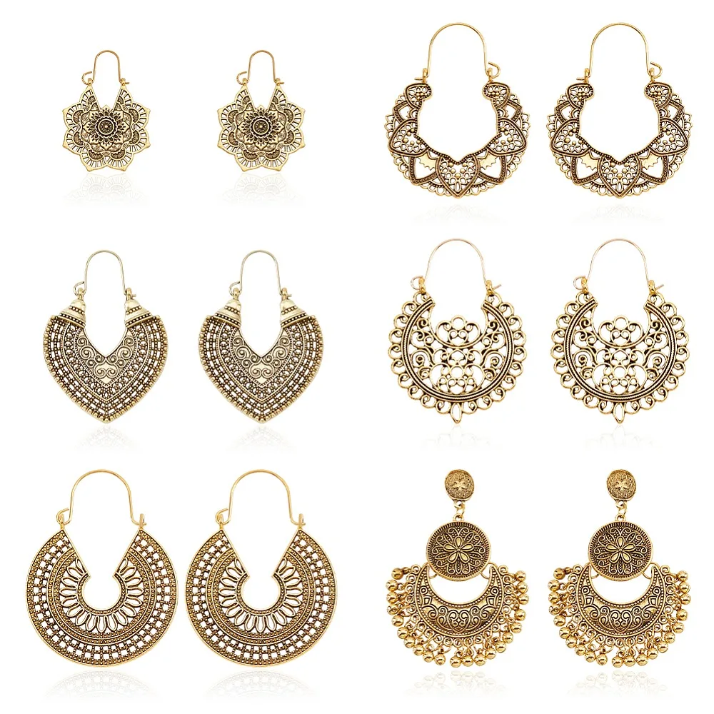 6 Pairs Vintage Bohemian Drop Dangle Earrings for Women Gold Retro Tribal National Style Hollow Earrings Set Petal Heart