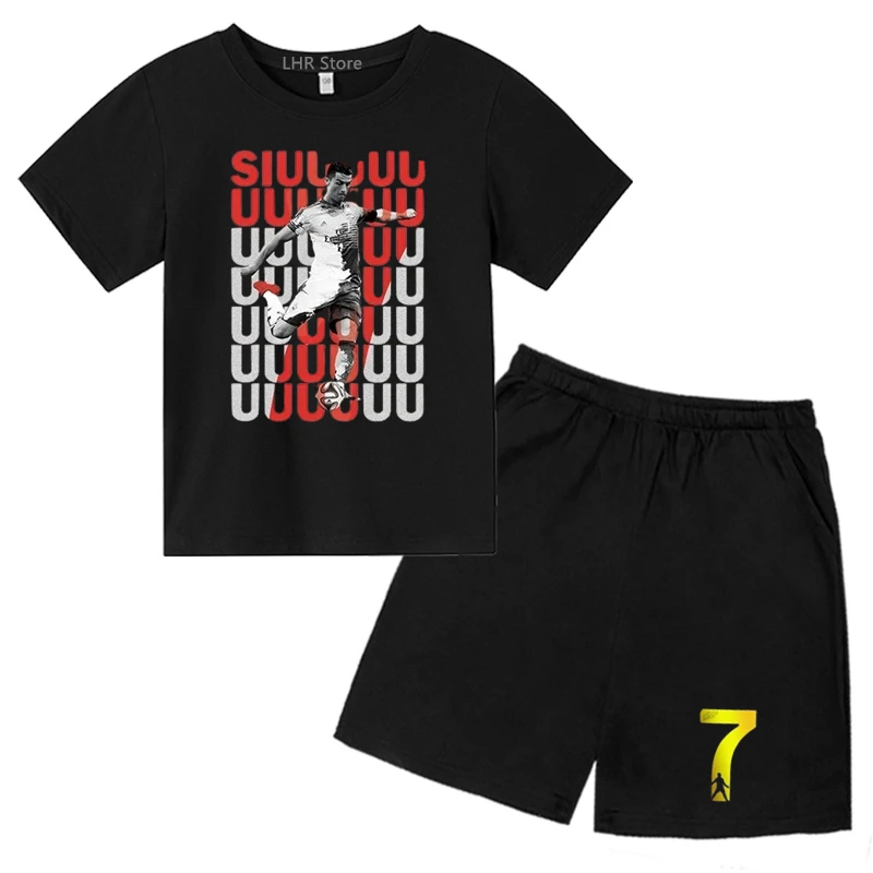 Futebol estrela impressão camiseta de manga curta para crianças, lazer verão tops conjunto, adequado para meninos e meninas, roupas de verão, 3-12