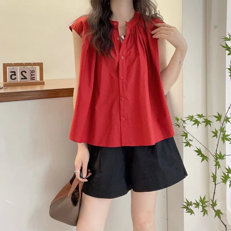 

Short Sleeve Shirts Womens Poplin Stand Collar Pintucked Cropped Shirt Art Museum Minimalist Modern Student Youthful Artistic