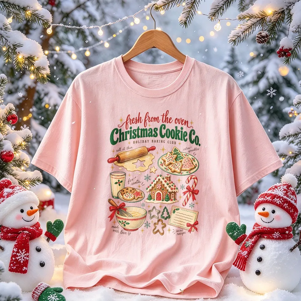 Fresh From The Oven Christmas Cookie Co Graphic T-Shirt Gingerbread House Rolling Pin Baking Candy Cane Baking Print Casual Tees