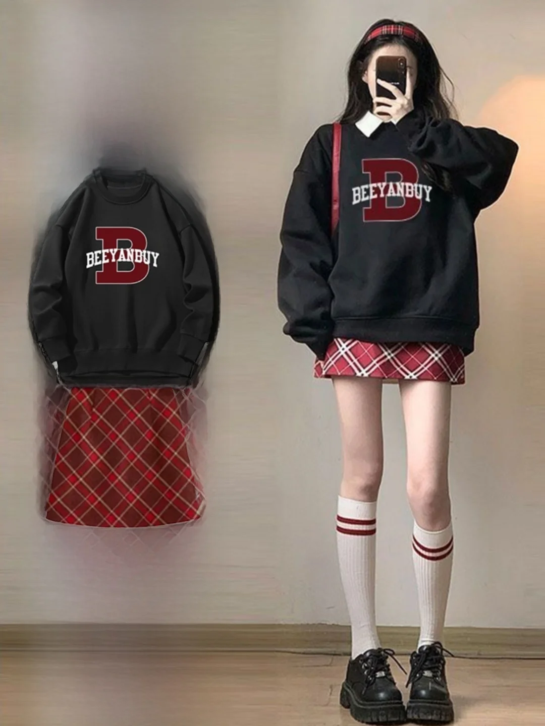 

Oversize Black round Neck Sweatshirt Women's Early Autumn New Letter Print Long Sleeve Top American College Style Street Fashion