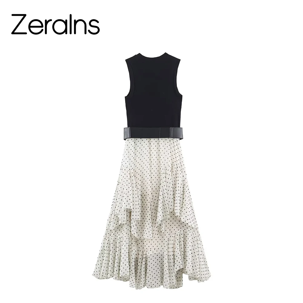 ZERAINS Damen Sommer-Outfit 2026: Neues europäisches und amerikanisches Wellenpunkt-Kleid mit dekorativem, geschichtetem Taillenband und Patchwork – Detail 3
