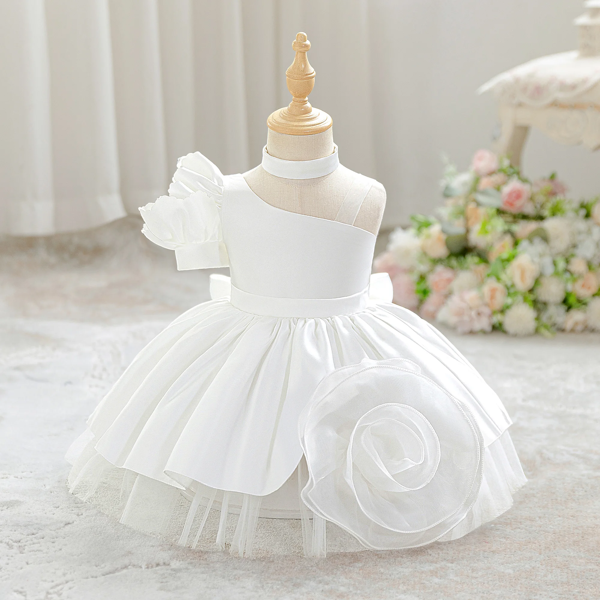 Toddler Big Flower Party Baby Girls Dress Elegant 1st Birthday Wedding Princess Tutu Prom Dresses Girl Tulle Bridesmaids Costume