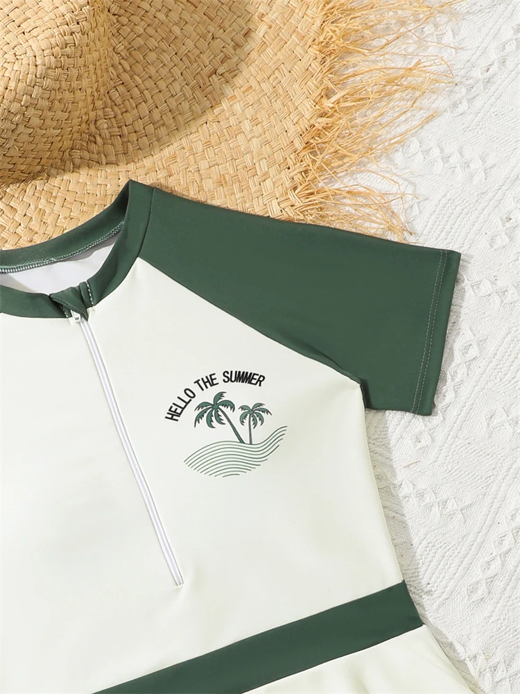 Kids Swimsuit Girls 2026 New Solid Short Sleeves Long Dress zipper Children Swimwear Summer Beachwear Bathing Suit Swimming Girl