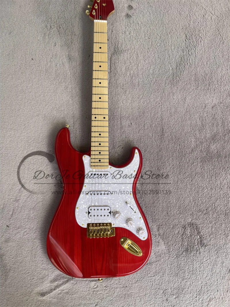 

Transparent Red Electric Guitar ASH Wood Body Maple Neck Fixed Bridge Gold Tuners White Pearl Pickguard