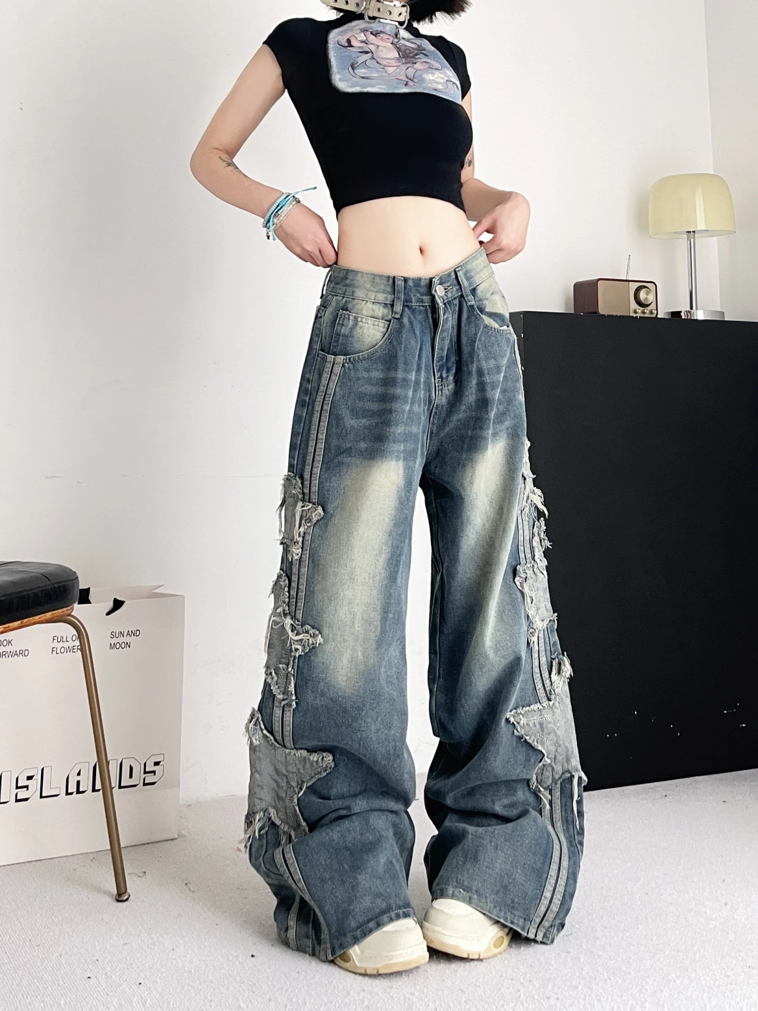 Women Star Sticker Design Thin Jeans Young Girl 2024 Summer Street New Bottoms Casual Trousers Female Straight Cargo Denim Pants