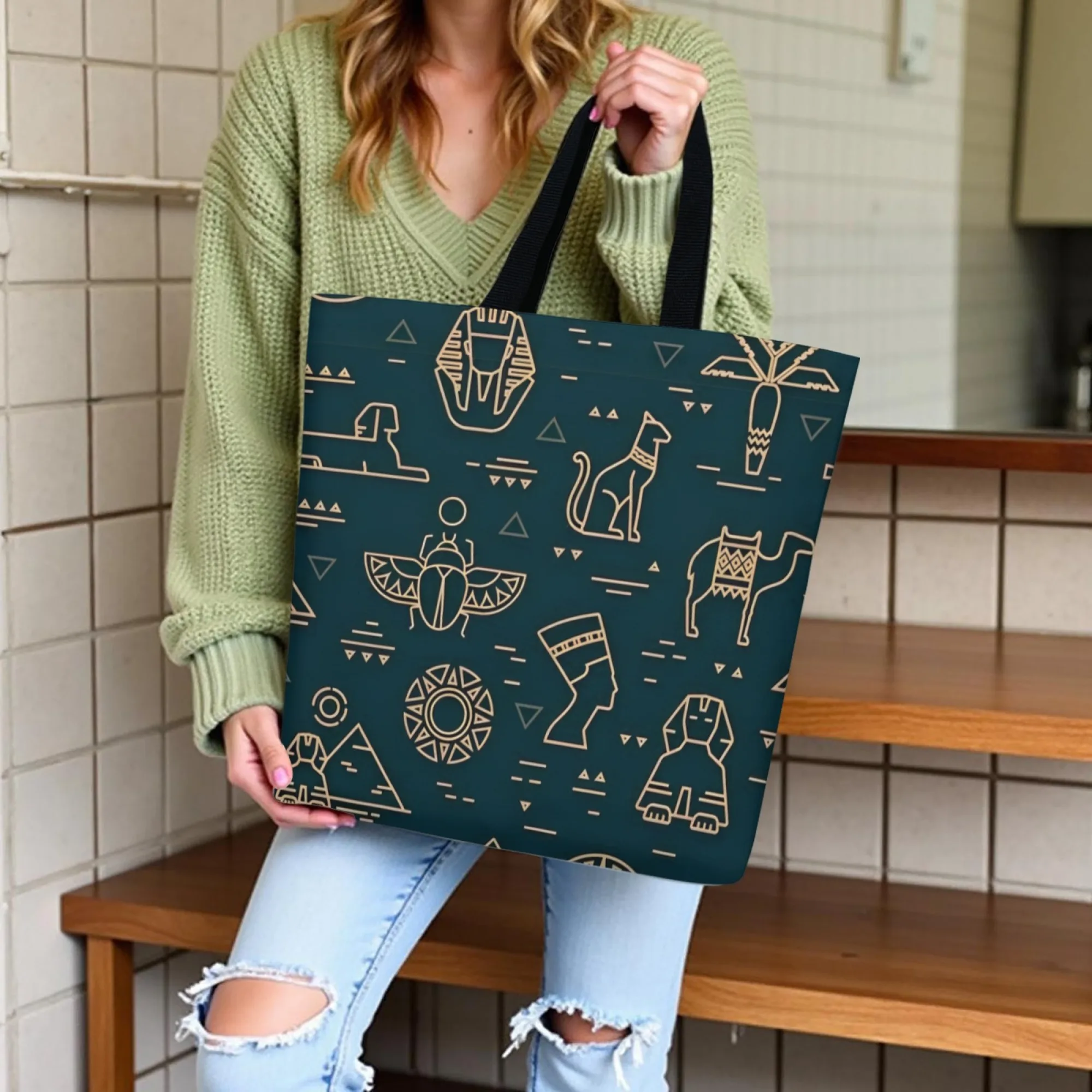 

Mysterious Retro Canvas Tote Bag with Ancient Egyptian Cultural Symbols Green Base with Gold Lines Luxurious Style Shoulder Bag