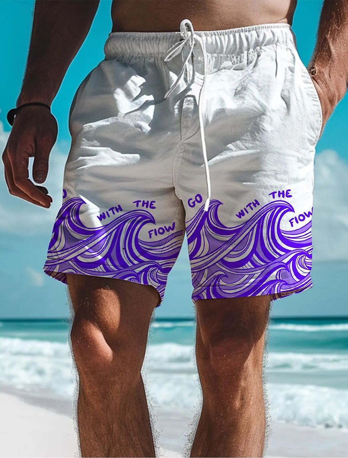 Waves Men\'s 3D Printed Board Shorts Swim Trunks Elastic Waist Drawstring Summer New Hawaiian Beach Style Letter Design
