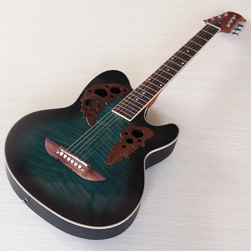 Stock Round Back Acoustic Guitar 38 Inch 6 String Flame Veneer Top High Glossy Folk Guitarra with Flaw Red&Sunburst&Green
