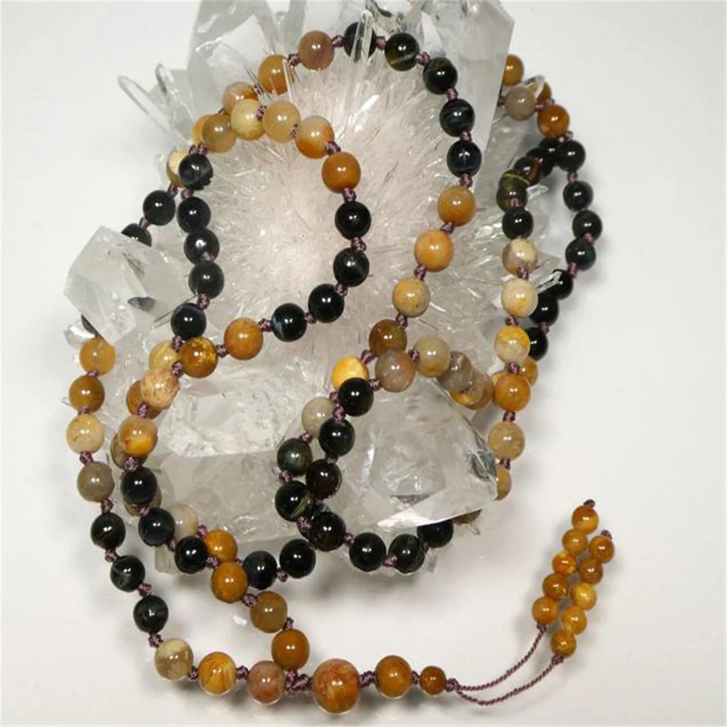 6mm Natural Blue Tiger Eye 108 Beads Tassel Knot Necklace Everyday wear Gemstone Trendy Prayer Healing Gift Women Opera length