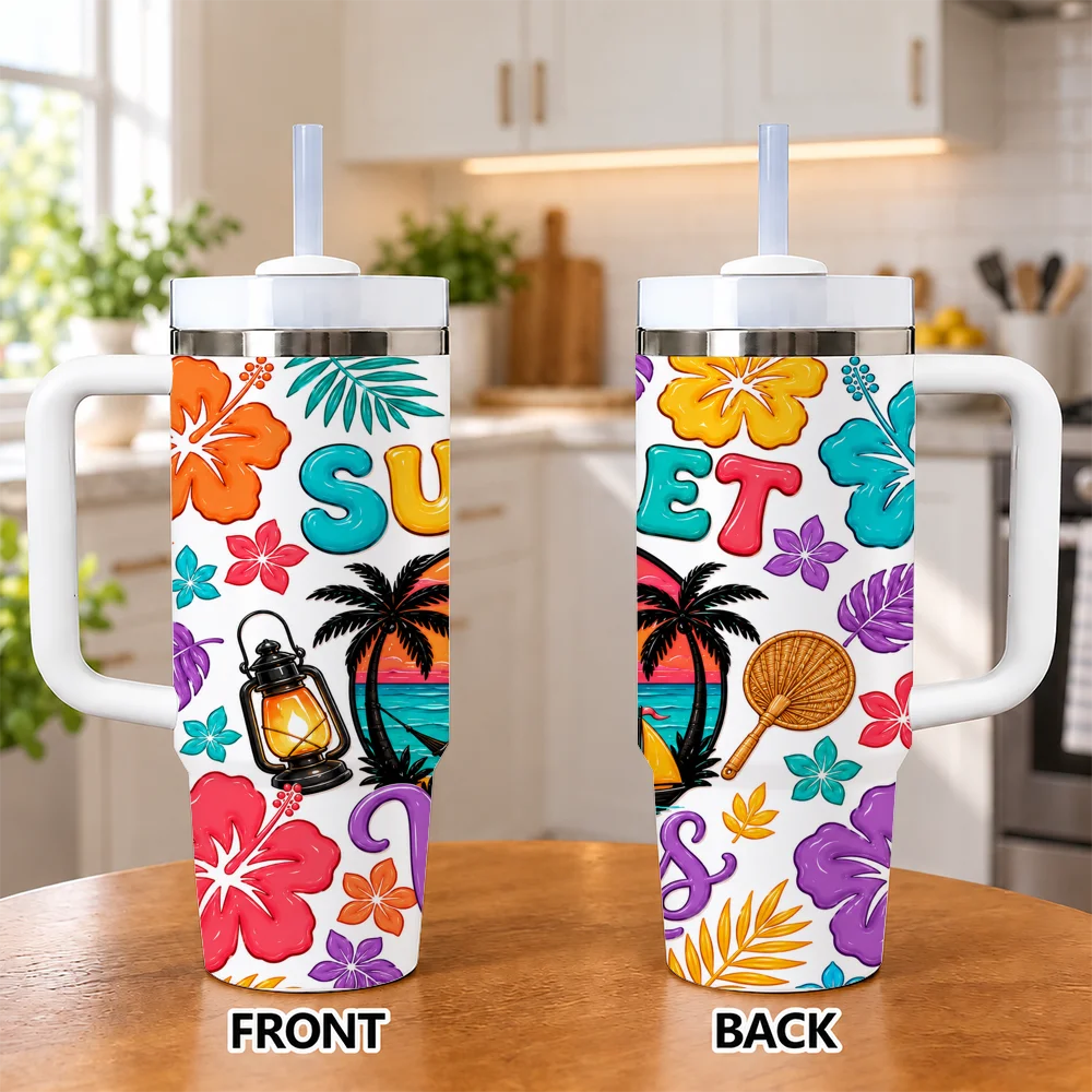 Sunset Vibes Vacuum Flasks 40oz Insulated Stainless Steel Tumbler with Handle & Straw, Hot Cold Gift Cup
