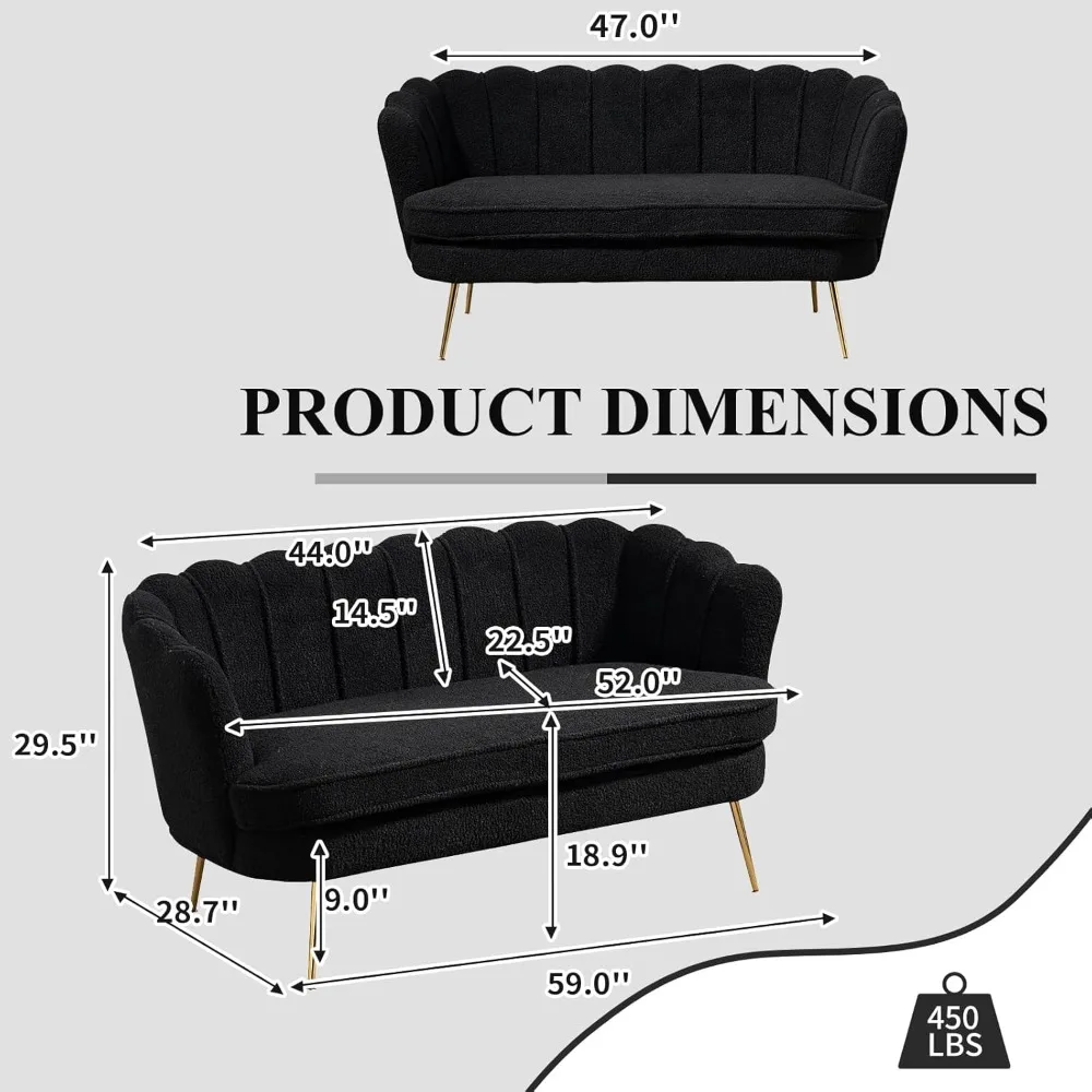 أريكة بمقعدين حديثة بتصميم بتلات، أريكة منجدة صغيرة بأرجل ذهبية، مثالية للترفيه والراحة في الغرف الصغيرة #2