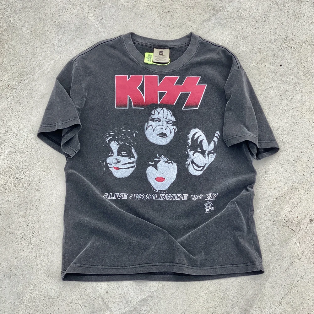 Frog drift Fashion Brand Rock KISS Band Loose Vintage Oversize Streetwear Tee t-shirt tops for men