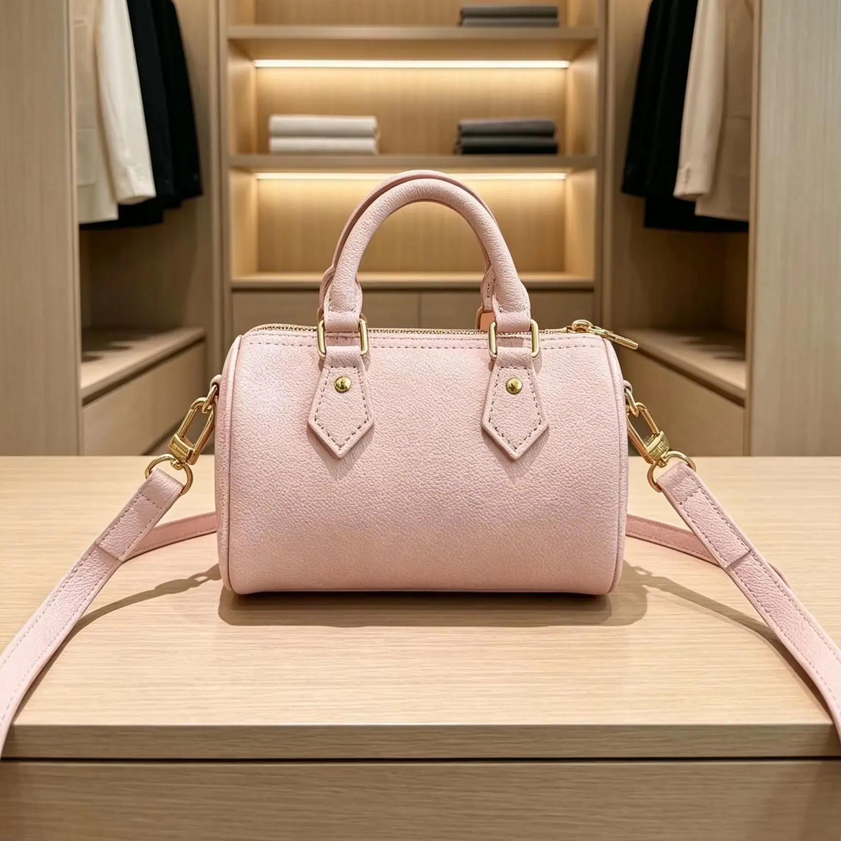 Pink Mini Boston Bag Top Handle Handbag Removable Wide Crossbody Strap