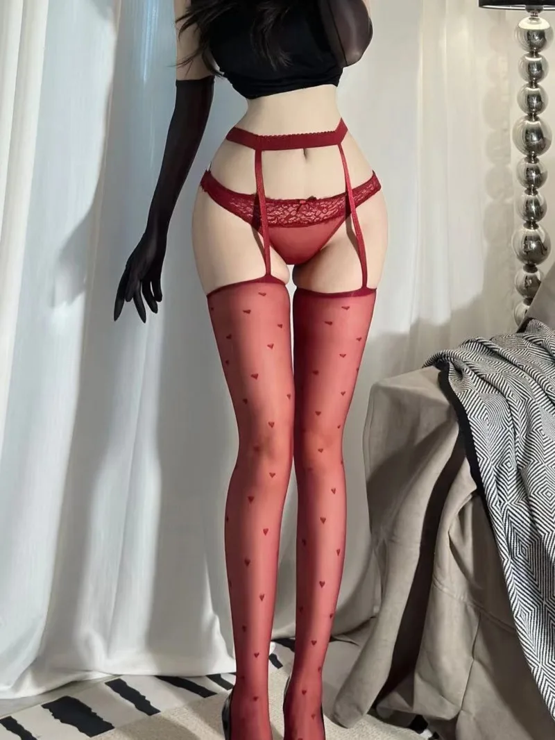 2025 New High Waisted Hollow Out Red Edged Love Heart Printed Suspender Stockings Women High Elastic Ultra Thin Stockings GFY9