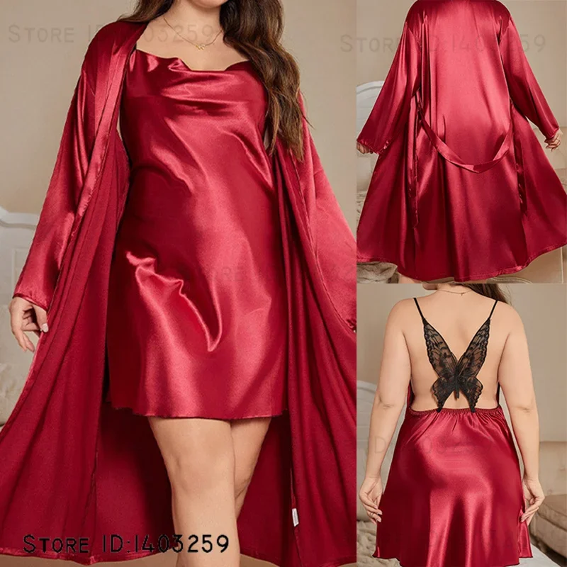 

Plus Size Women 2PCS Robe Set Sleepwear Burgundy Satin Long Kimono Bathrobe Gown Sexy Backless Butterfly Lace Nightgown Homewear
