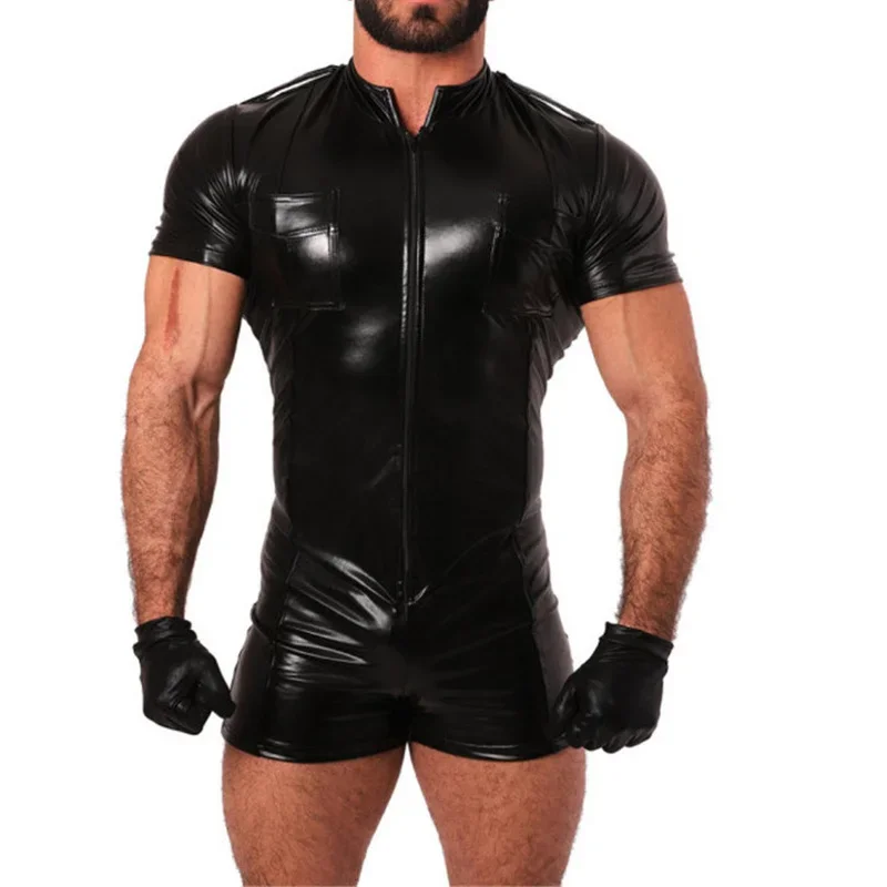 

Men Latex Catsuit Wet Look Shiny Patent Leather Romper Zipper Jumpsuit Black Shorts Sleeve Bodysuit Underwear Club Stage Costume