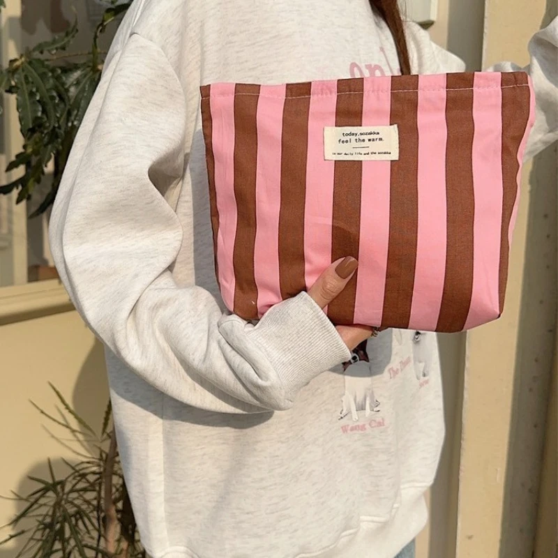 Contrast Color Women's Stripe Storage Makeup Case Bags Cute Large Capacity Female Cosmetic Bag Canvas Clutch Purse Handbags