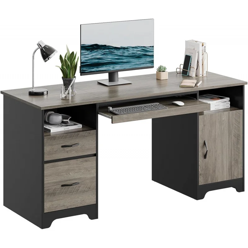 

59 Industrial Executive Desk with 2 Drawers & Storage Cabinet, Gray Computer Desk with File Drawer, KeyboardTray & 2 Pedestals