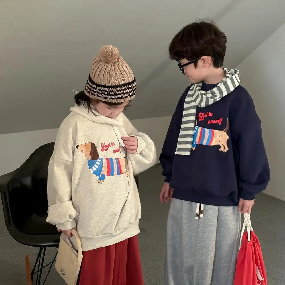 Boys Girls Plus Velvet Thick Pullover Kids Cartoon Print Warm Tops Clothes 2025 Winter New Children Fleece Sweatshirt Cotton