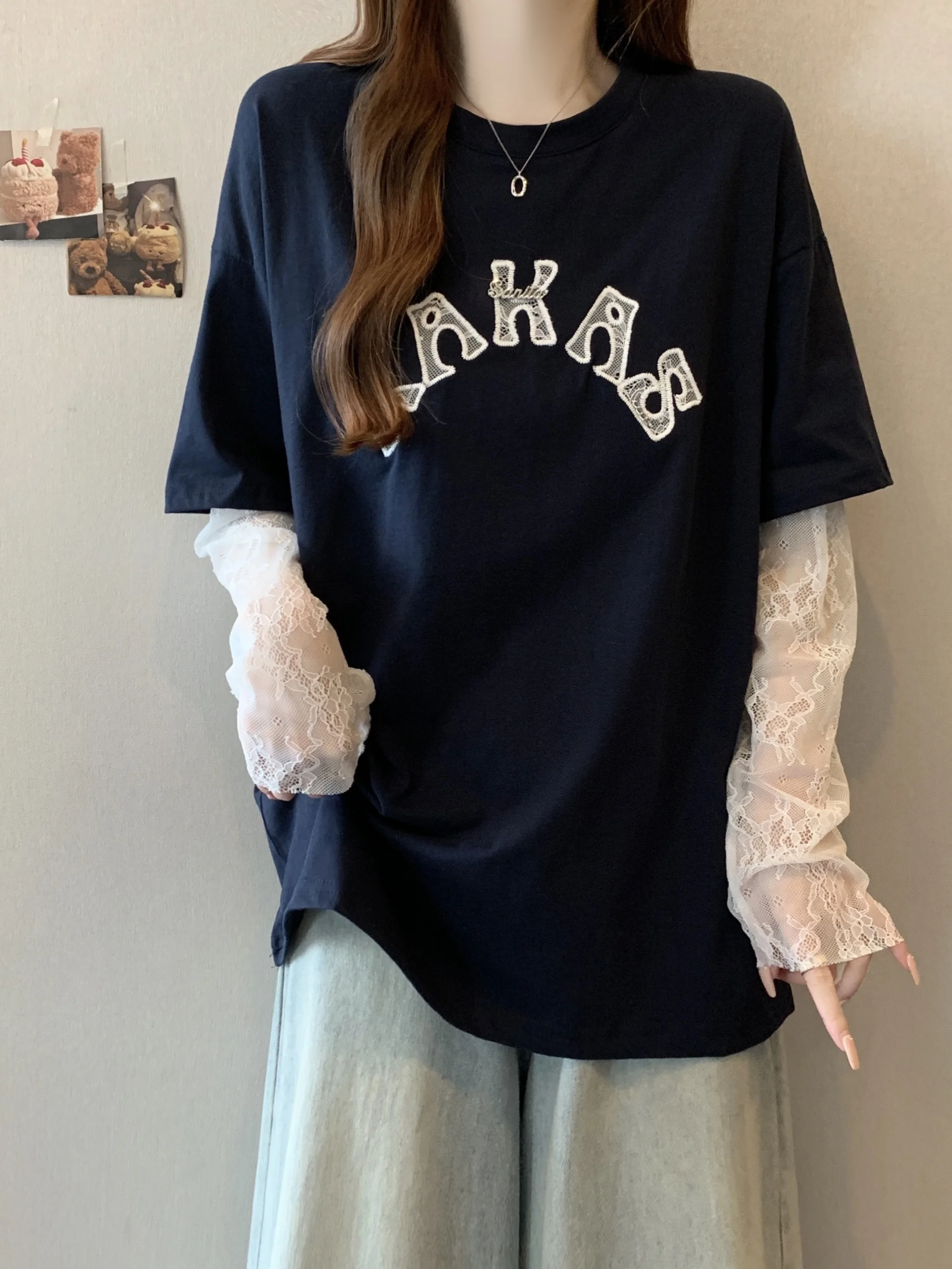 

plus Size Women's T-Shirt Embroidered Letter Lace Sleeve Patchwork Slimming Summer Top Sweet Style Princess Loose Fit Short S...