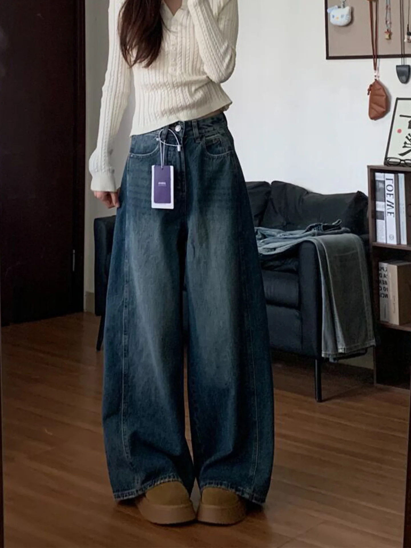 

Washed American Style Straight Leg Deep Blue Denim Jeans Women's Small Size Slimming Vintage Wide Leg Pants Summer 2026